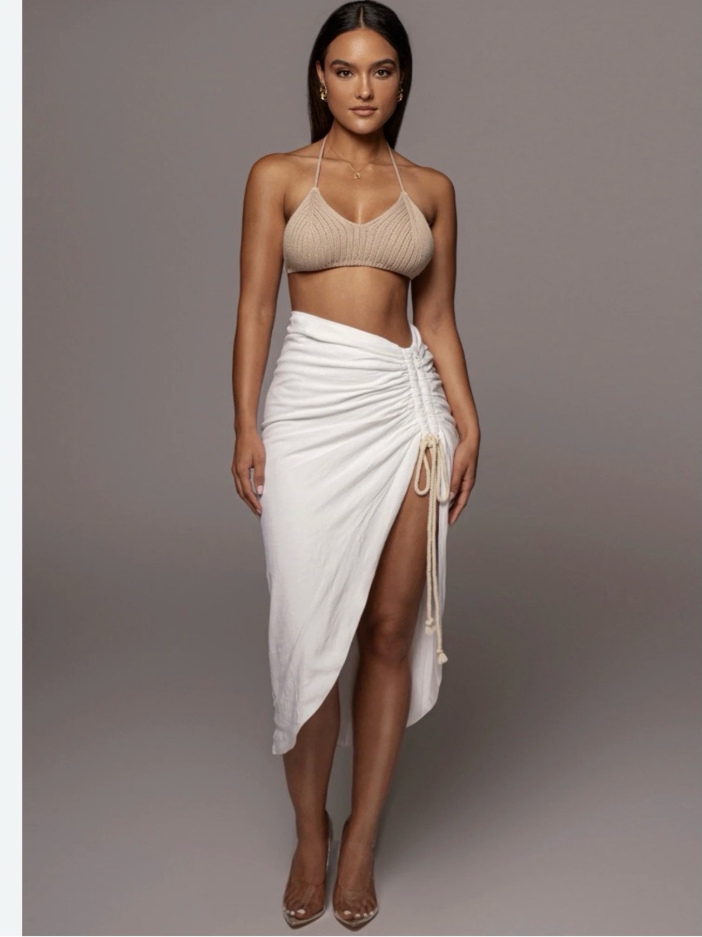 JLUXLABEL White Ruched Drawstring Midi Skirt